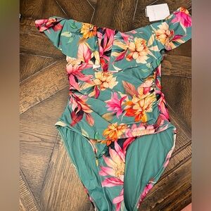 Women’s La Blanca Swimsuit Ruffle off the shoulder Floral Green Size 14